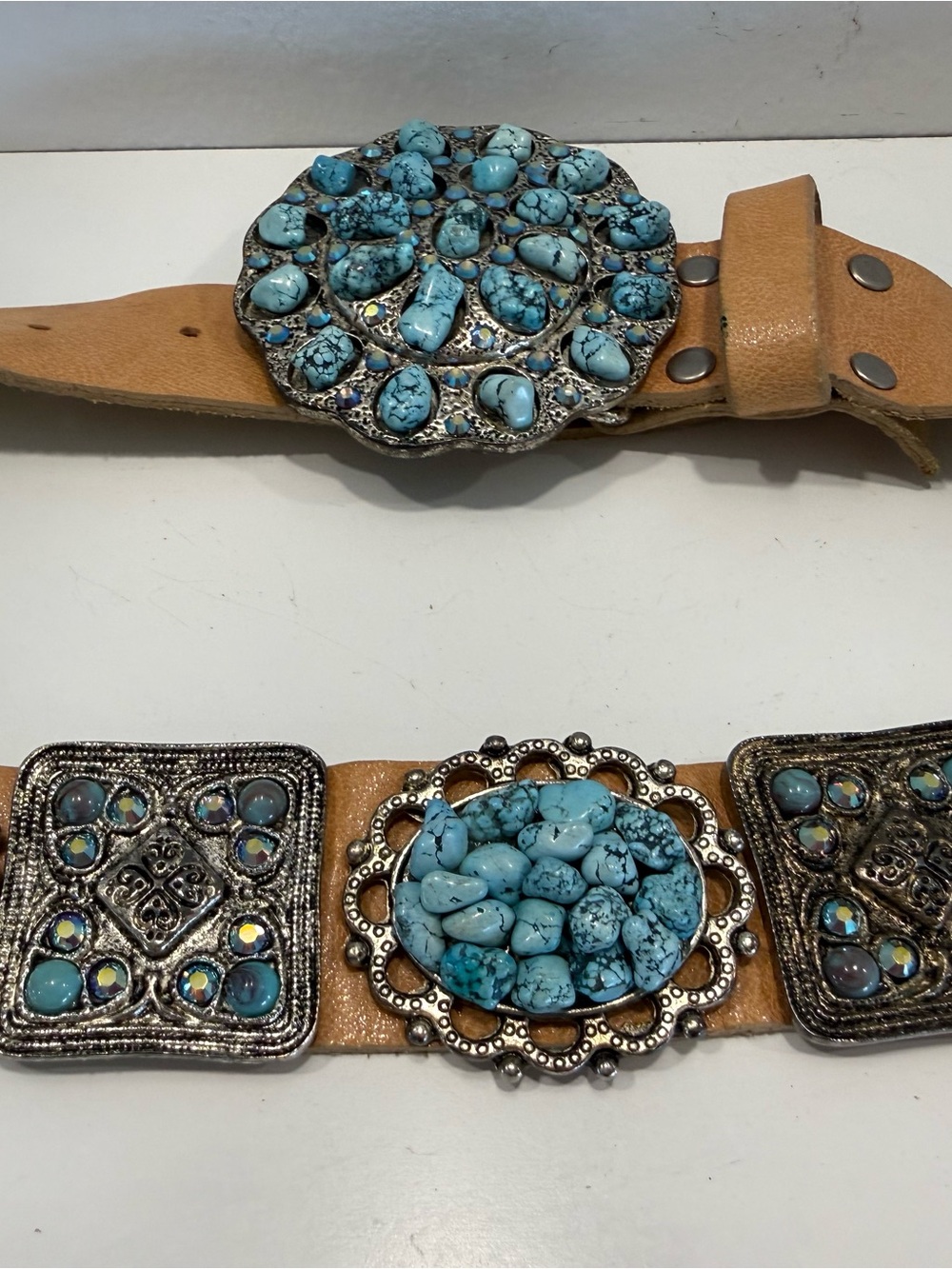 Vintage Turquoise Stone Embellished Tan Leather Belt by Leatherock - Picture 3 of 11